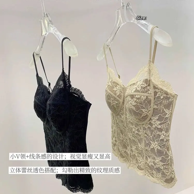 法式蕾丝吊带背心带胸垫修身内搭外穿美背百搭上衣