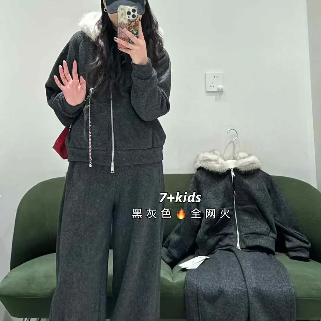 冬季加绒加厚连帽毛毛慵懒风休闲显瘦套装