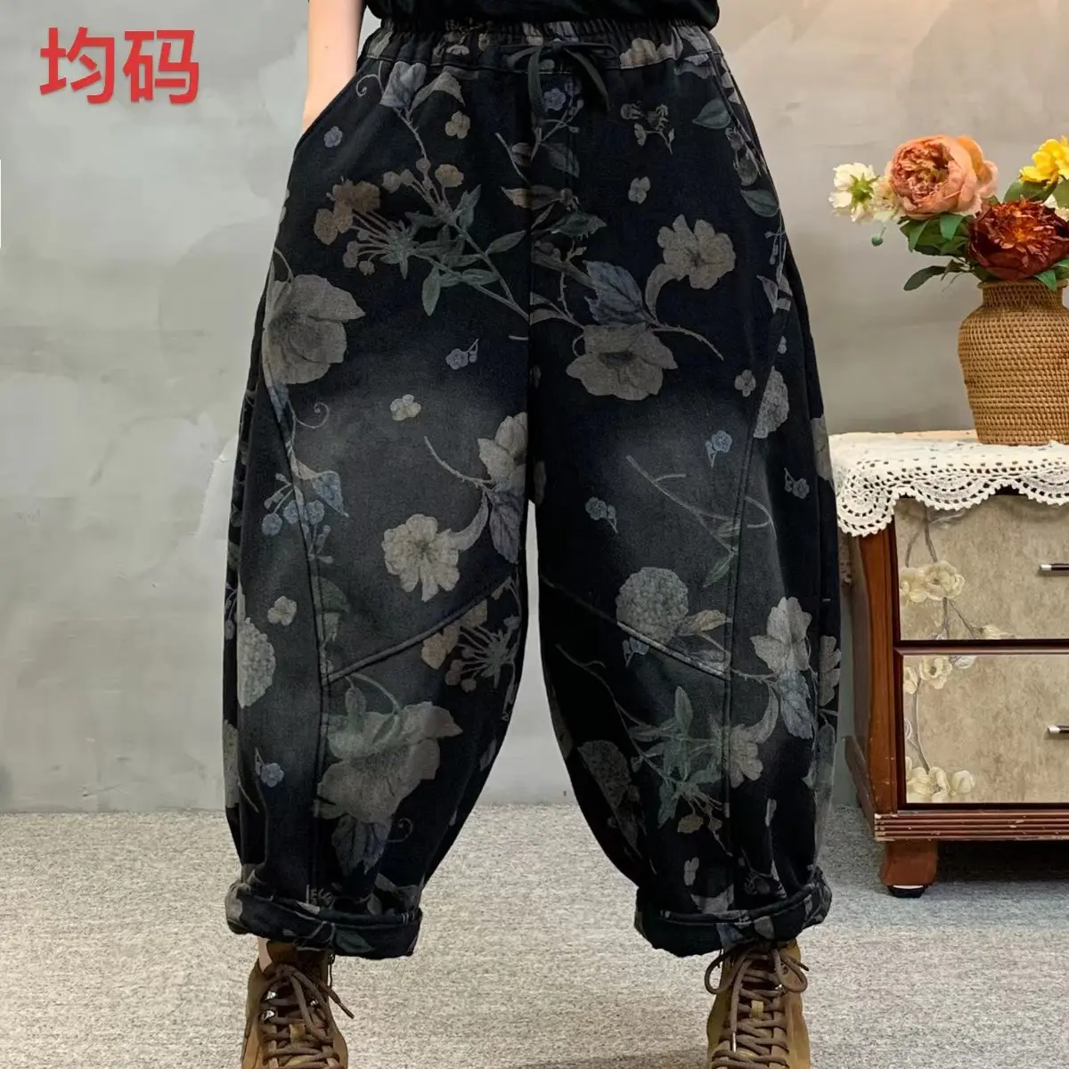 620加绒加厚炒色系牛仔提花复古弯刀阔腿裤时尚百搭