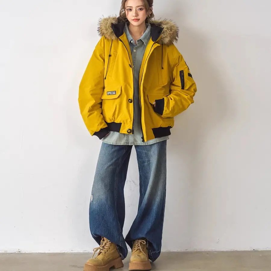 16冬季连帽大毛领加厚保暖工装派克服女款宽松休闲外套