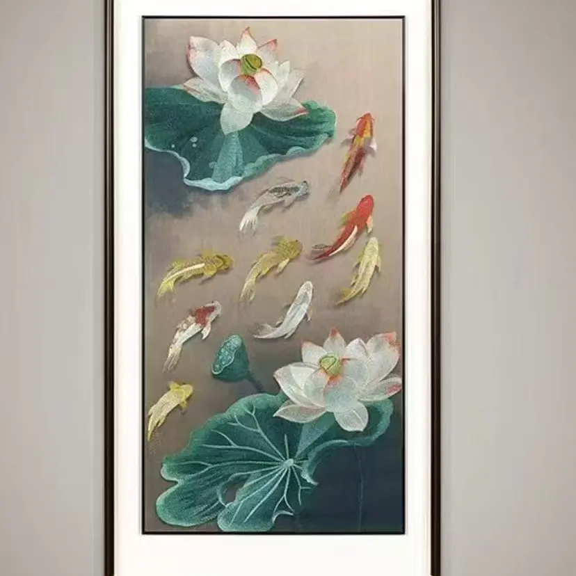 高端荷花九鱼图刺绣装饰画入户玄关过道竖版壁画