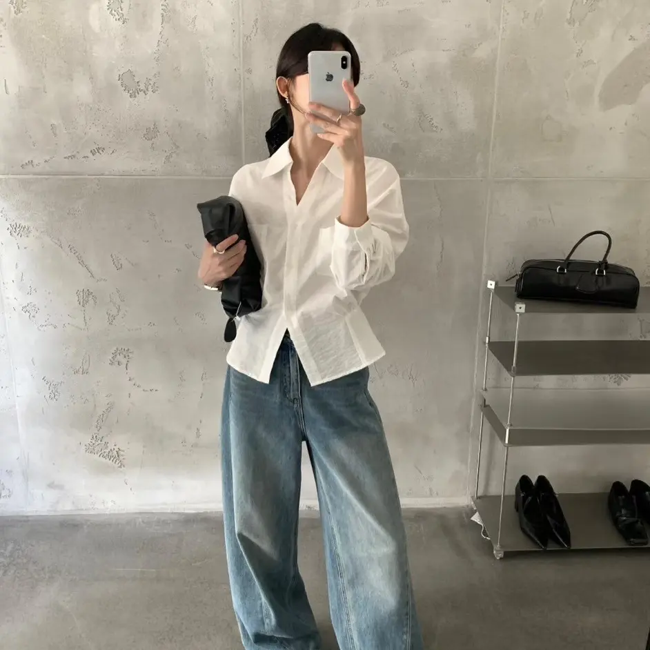 早秋通勤百搭Polo领条纹收腰显瘦长袖衬衫女款