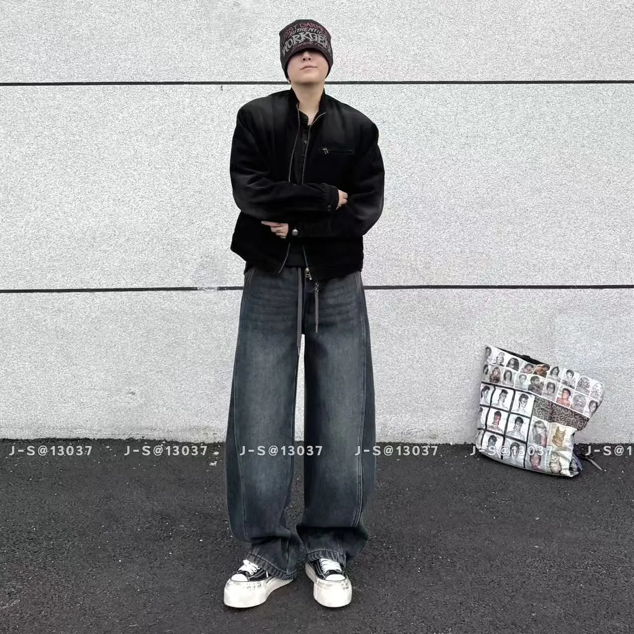 百搭时尚加绒加厚冬季保暖宽松阔腿男士牛仔裤水洗蓝色美式潮流