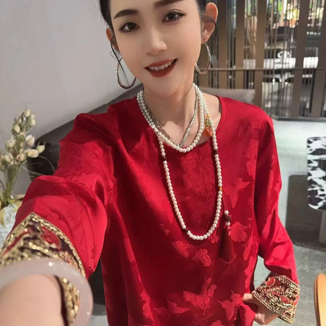 新年新款大码蓝色提花拼接宽松显瘦国风长袖衬衫