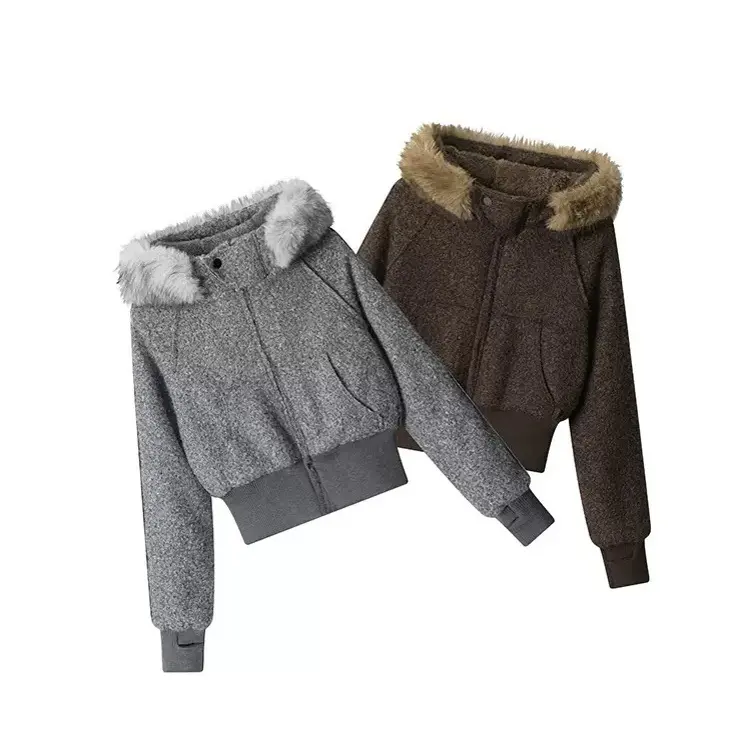 冬季加绒可拆卸毛领连帽短款保暖外套女高级感棉服