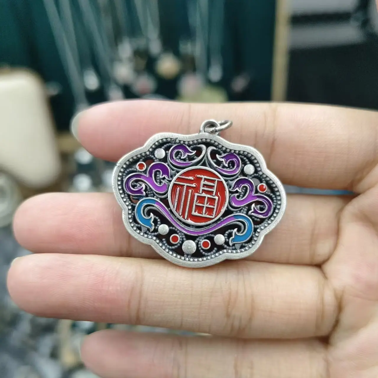 吊坠足银珐琅 复古民族风如意福吊坠项链精致时尚百