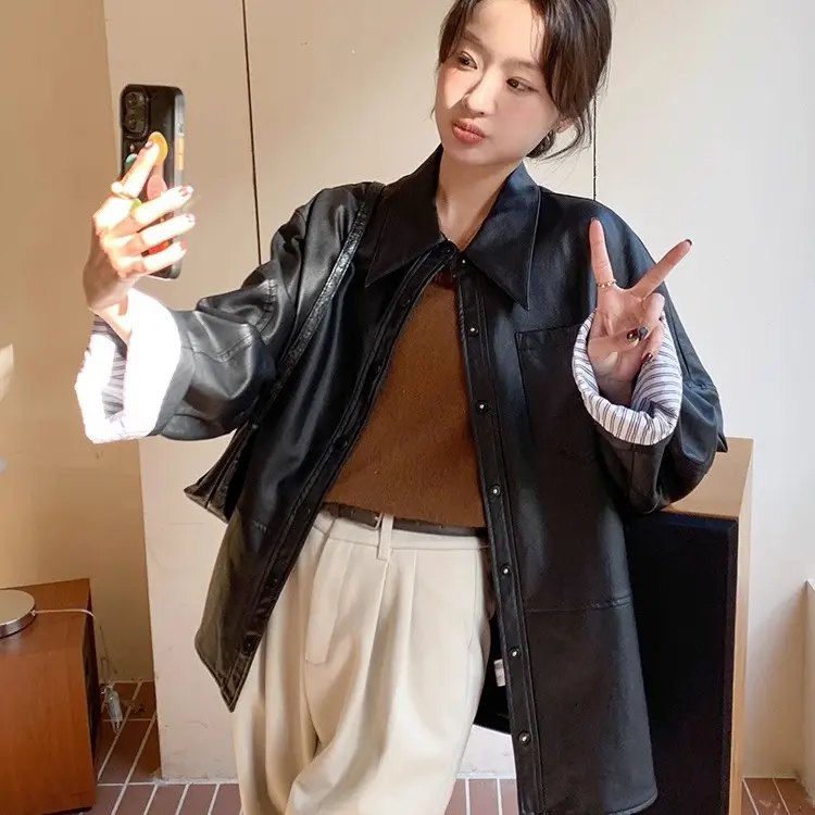 百搭ins女宽松型春秋小个子短外套长袖机车风翻领