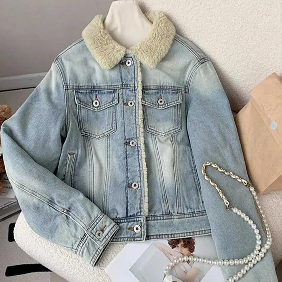 冬装新款牛仔外套女加绒羊羔毛棉服韩版宽松复古夹克通勤百搭外穿