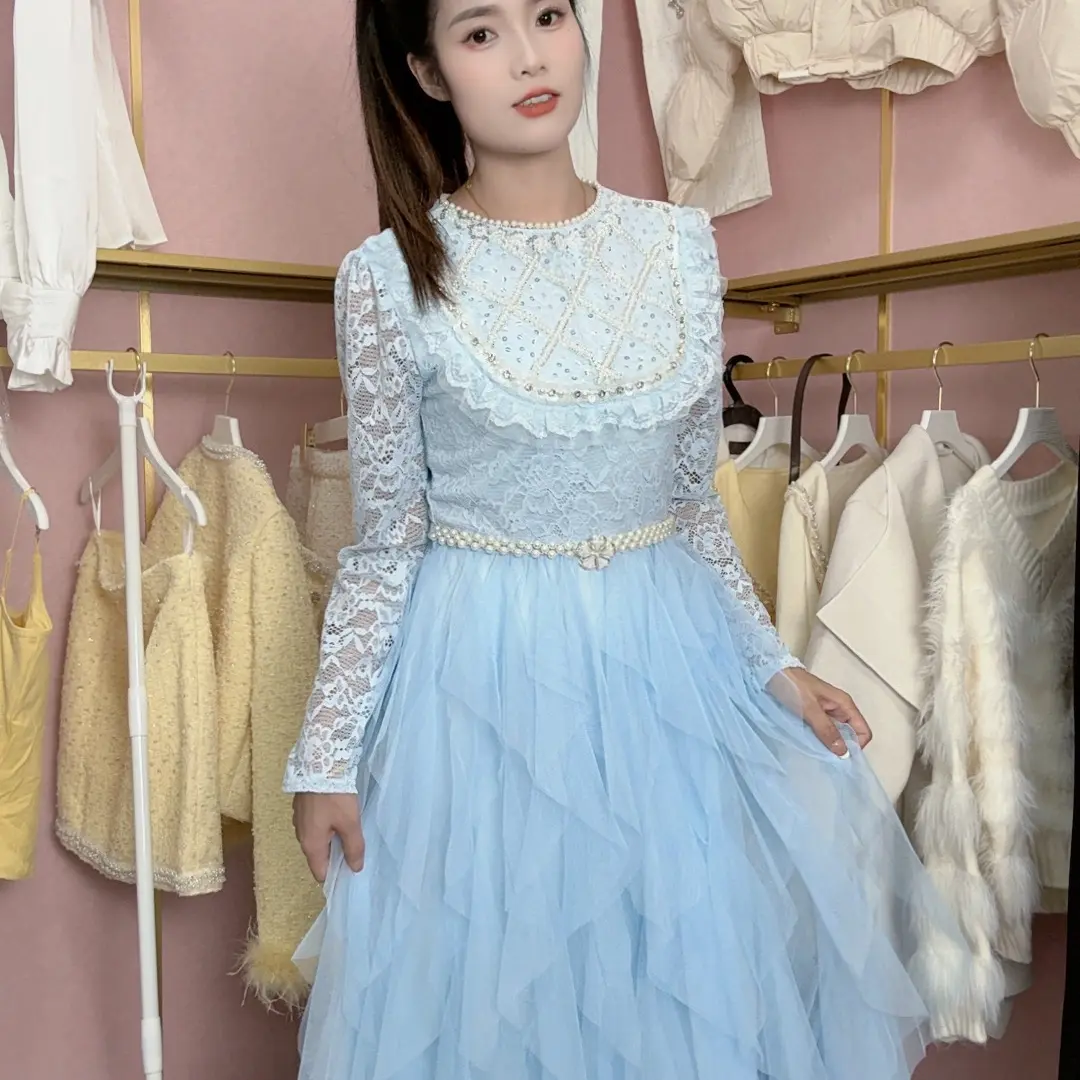 早秋款法式高级蕾丝拼接网纱重工钉珠闺蜜连衣裙