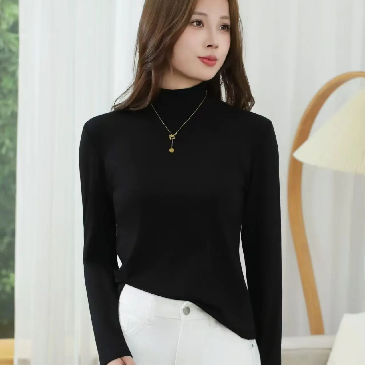 半高领磨毛双面德绒内搭打底衫秋冬修身百搭显瘦镂空长袖上衣女