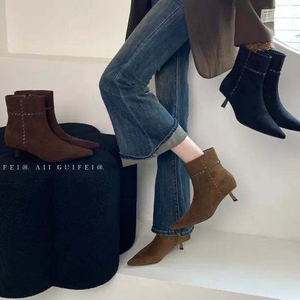 540-6耐磨尖头防滑筒靴高跟粘胶气质韩版欧美风短靴单靴