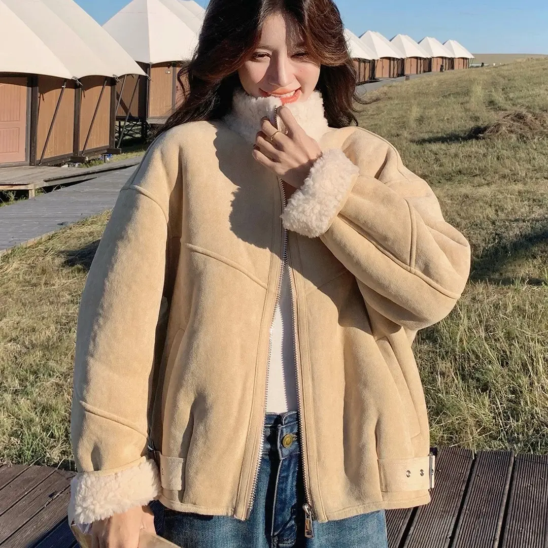 内里加绒加厚新款皮毛一体立领拉链款外套女短款年轻版机车毛毛