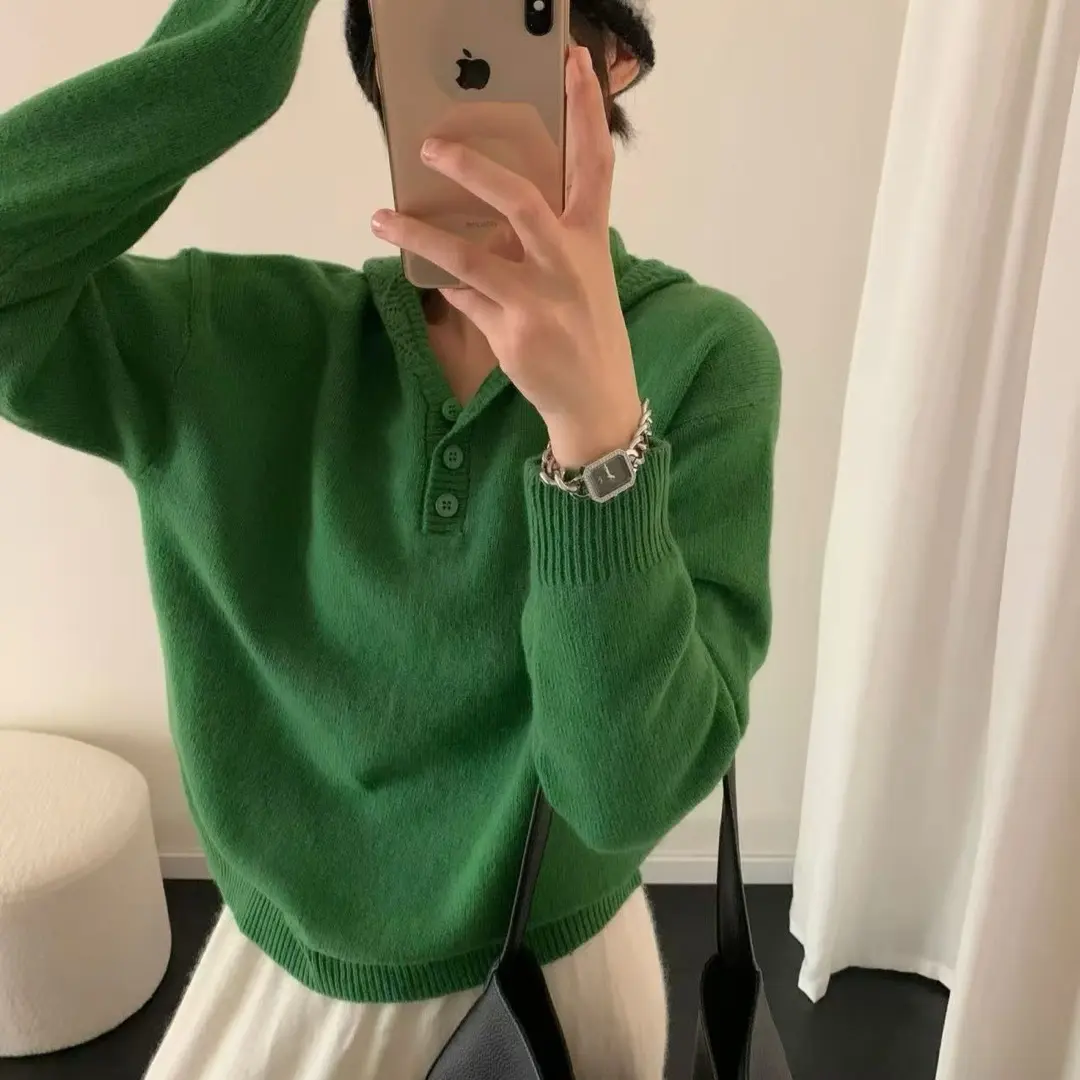 韩系镂空戴帽女宽松显瘦韩版短款半开扣百搭上衣