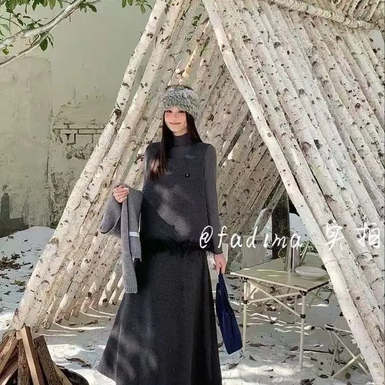 秋冬慵懒风拼接针织上衣阔腿裙裤套装