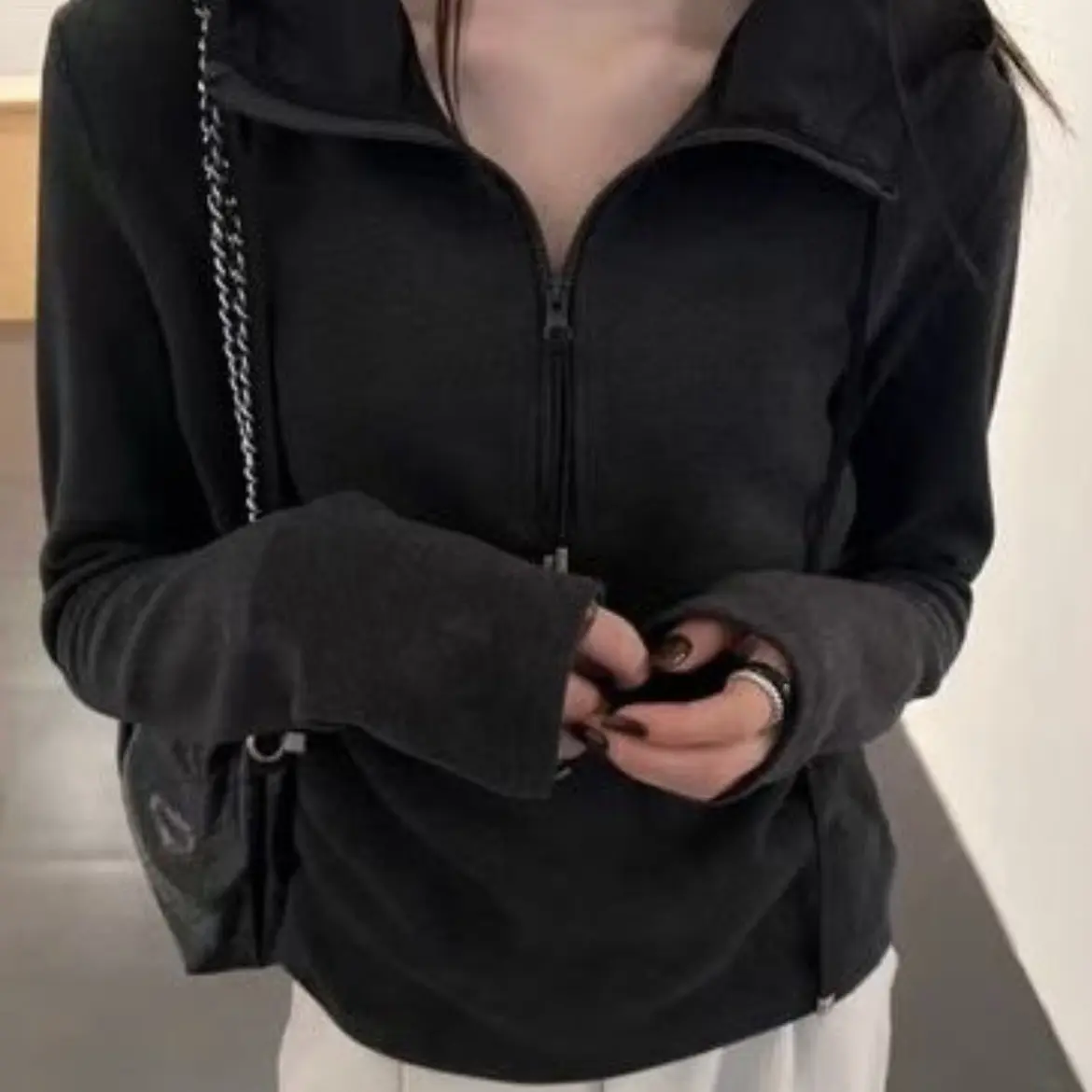 风拉链针织长款韩版连帽卫衣上衣休闲修身运动