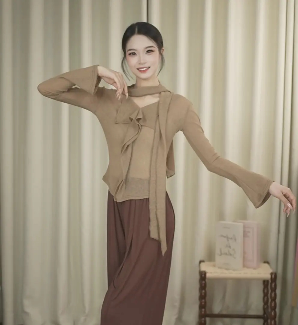 2025新款现代舞飘带V领秋上衣休闲日常古典舞中国舞舞蹈上衣