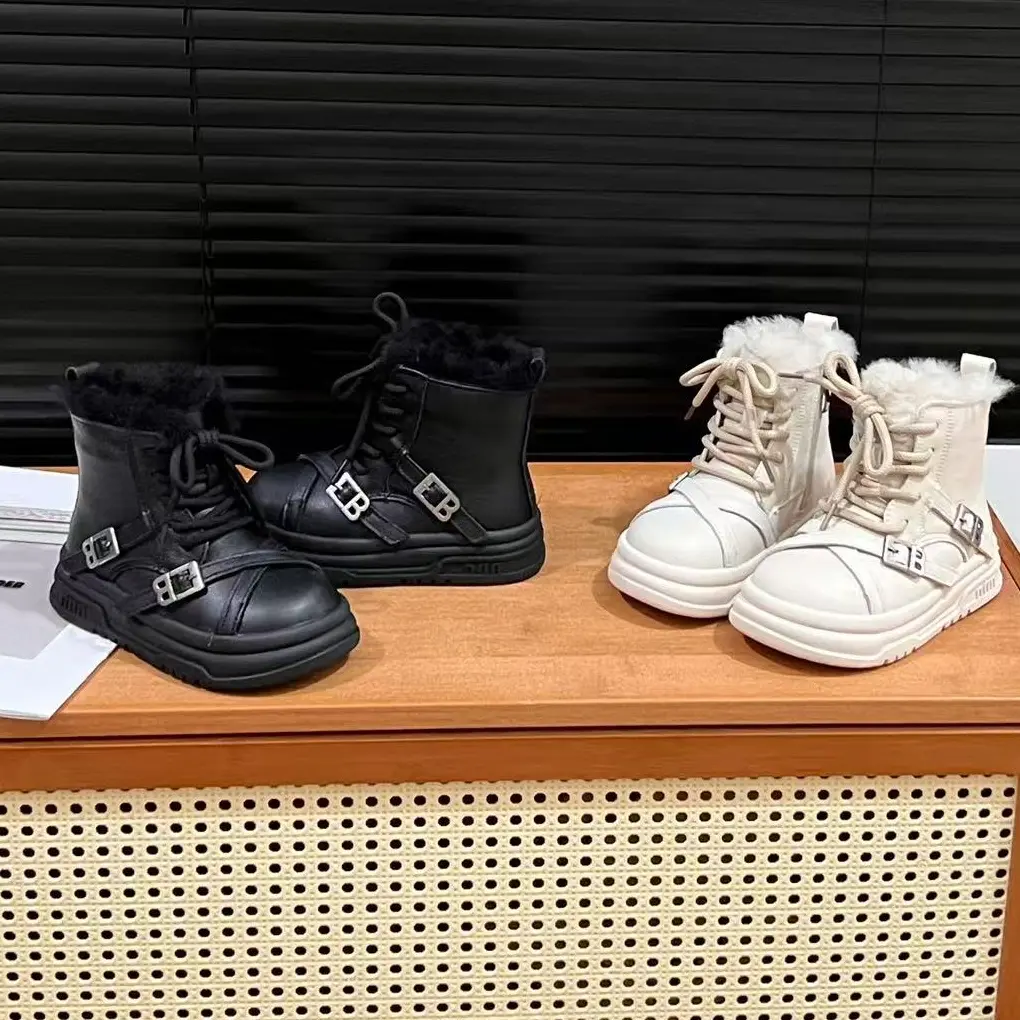 冬季新款大棉真皮加厚加绒韩版儿童男女童短靴马丁交叉扣雪地靴