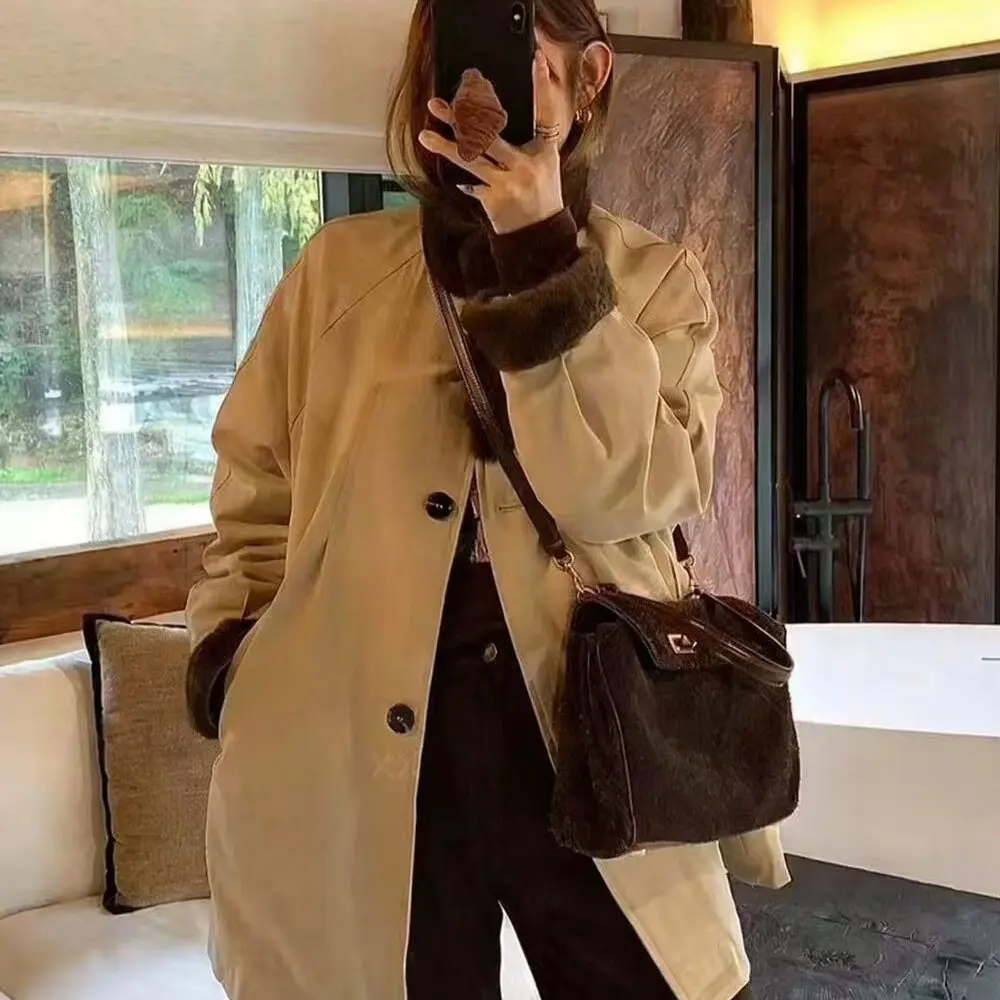 新款韩系毛拼接单排扣保暖领90白鸭绒女士加厚羽绒服