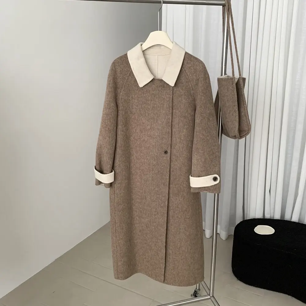 【松茶可可】韩系撞色质感爆棚显瘦长款羊毛外套（含70.2%羊毛）  