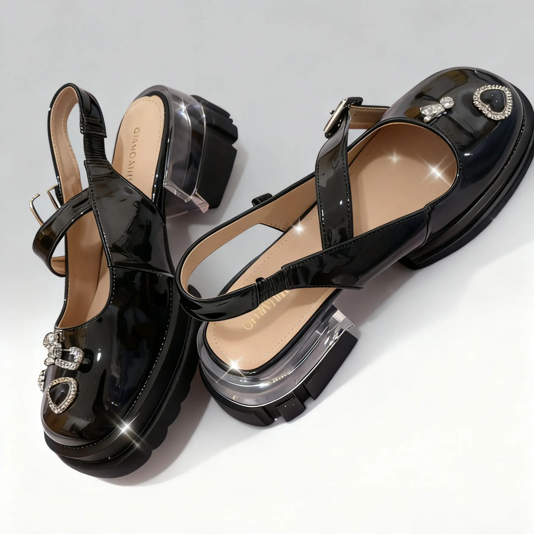 玛丽珍鞋圆头夏季复古水钻高跟黑色透气女鞋单鞋