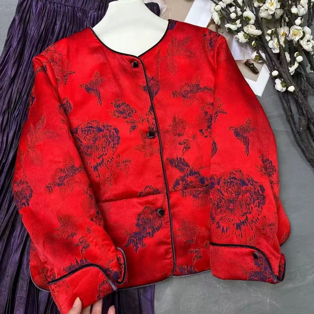 真丝冠乐绉夹棉外套国风提花外套新中式国风圆领盘扣上衣女棉衣