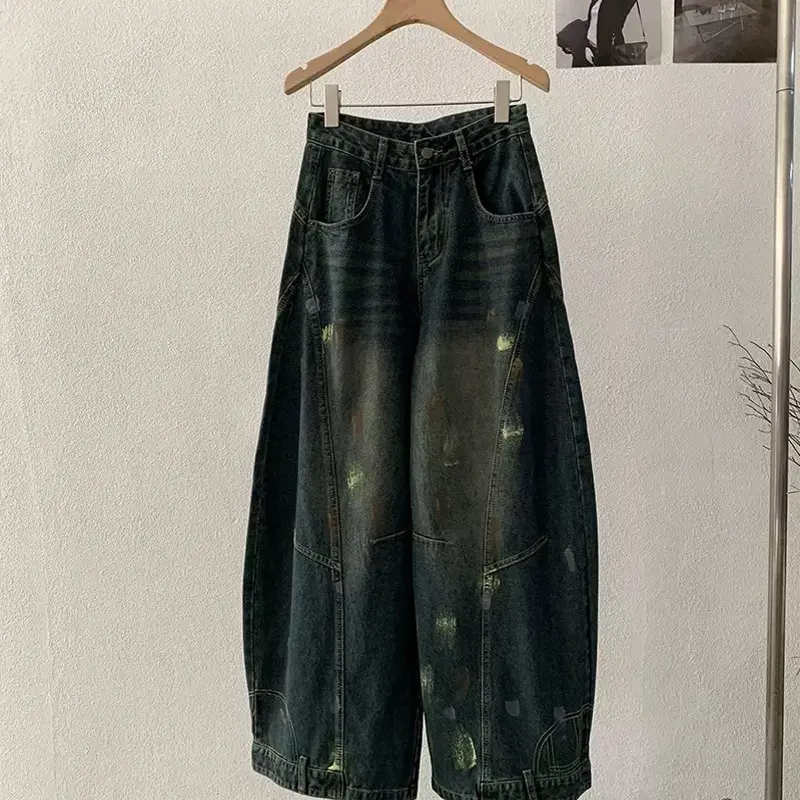 复古磨破设计感高腰宽松显瘦弯刀牛仔裤女秋季新款