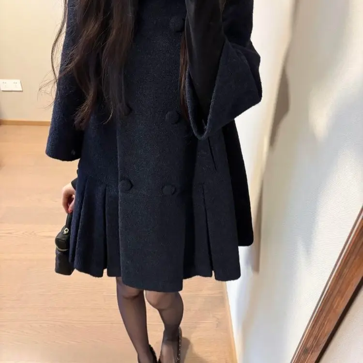 藏青色下摆压褶毛呢外套设计感小个子气质双排扣大衣秋冬款