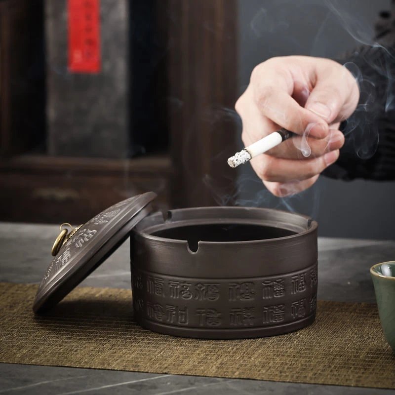 紫砂带盖烟灰缸防飞灰防烟味高档创意适合酒店家用办公室