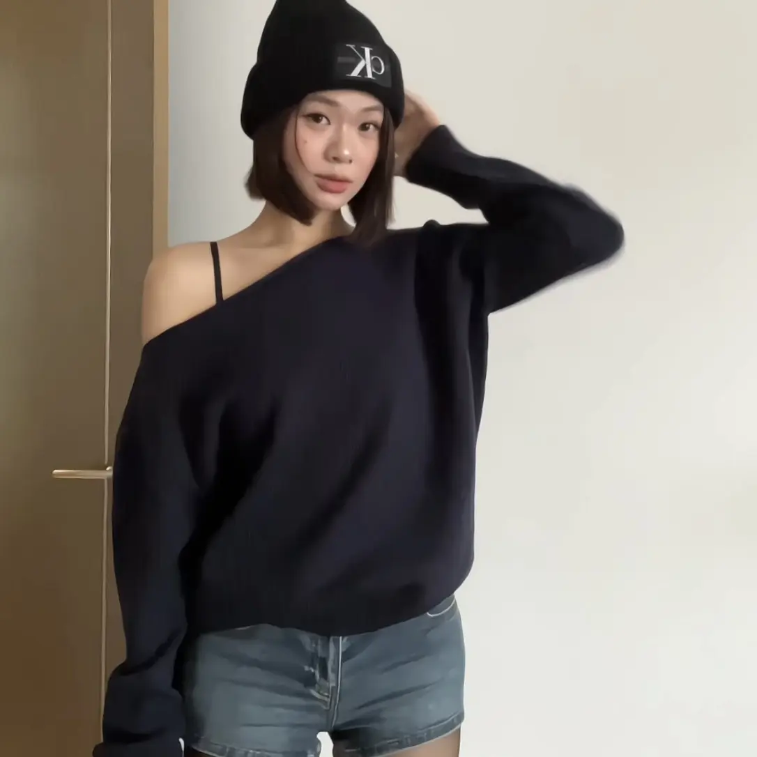 陈椿儿 斜肩长袖女毛针织衫秋冬上衣