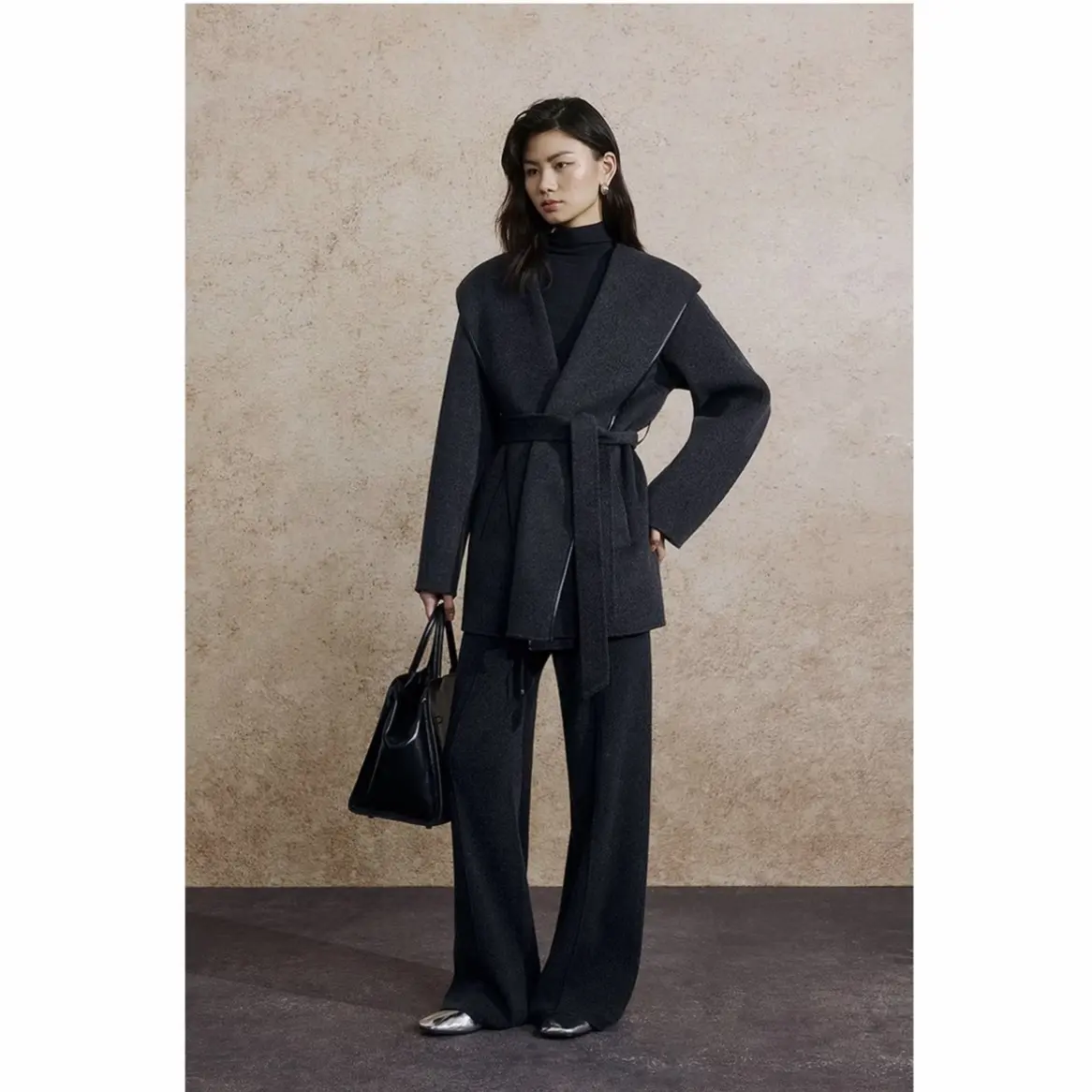 韩系连帽双面羊毛大衣冬季宽松拼丝绒边毛呢外套女显瘦气质百搭