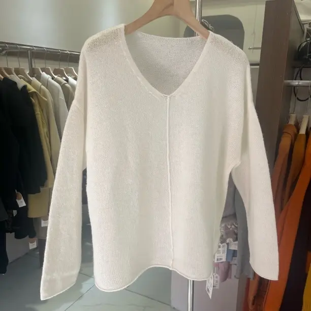 秋冬新款韩系简约风浣熊绒兔毛绵羊毛V领针织毛衣