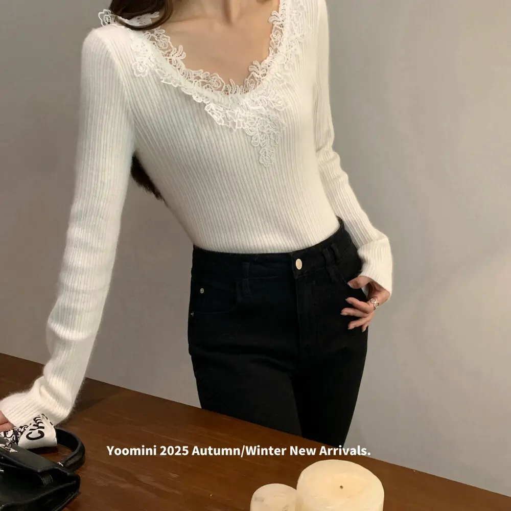 11234秋冬法式蕾丝V领针织衫女修身显瘦内搭洋气长袖打底上衣