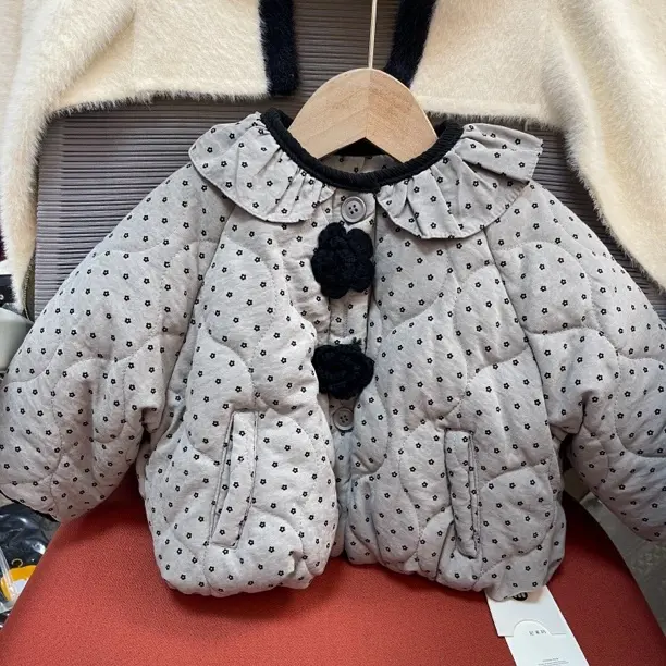 女宝深灰碎花韩系荷叶领夹棉加厚短款洋气棉服外套冬装