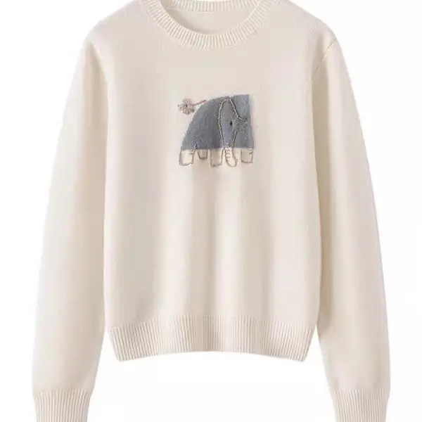 大象刺绣100%纯山羊绒衫女春秋冬新款圆领针织打底衫加厚绿色毛衣