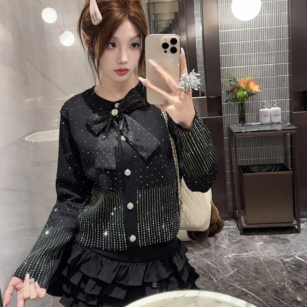 016秋冬新款重工蝴蝶结小香风绵羊毛针织开衫外套女