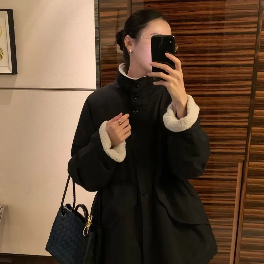 冬季简约立领系带韩版中长款保暖百搭