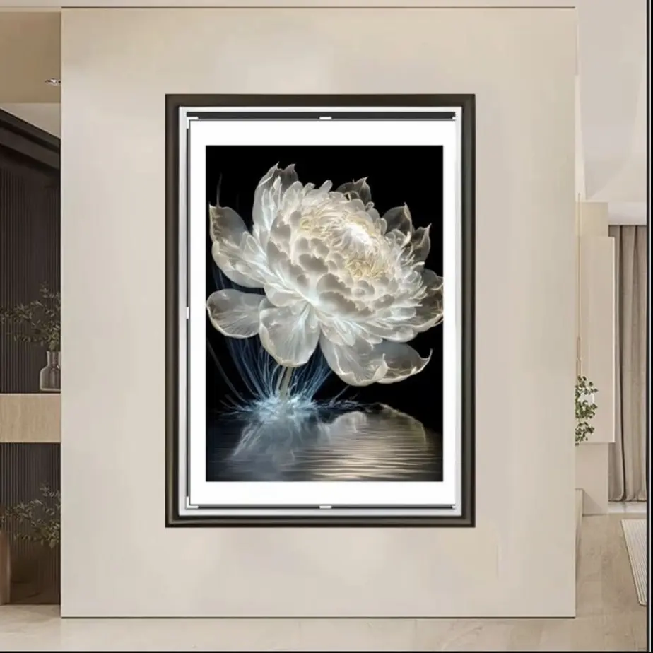 新款光影睡莲高档玄关装饰画客厅餐厅挂画莲花黑框镶钻花4060