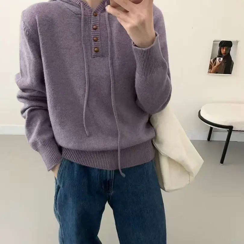 连帽冬季纯色针织厚款女毛针织衫网红开衫休闲