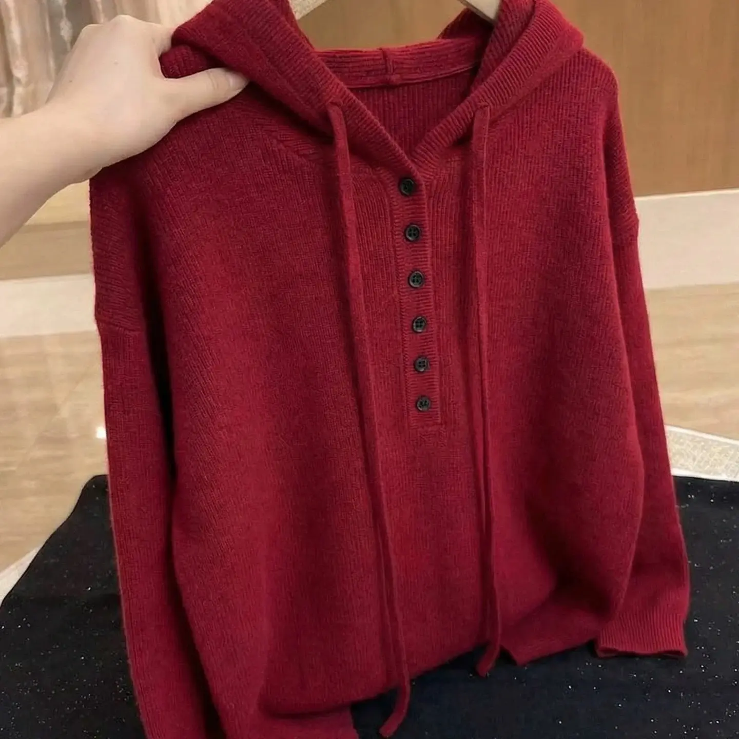 复古红色连帽条纹针织女毛衣秋冬宽松慵懒风加厚上衣