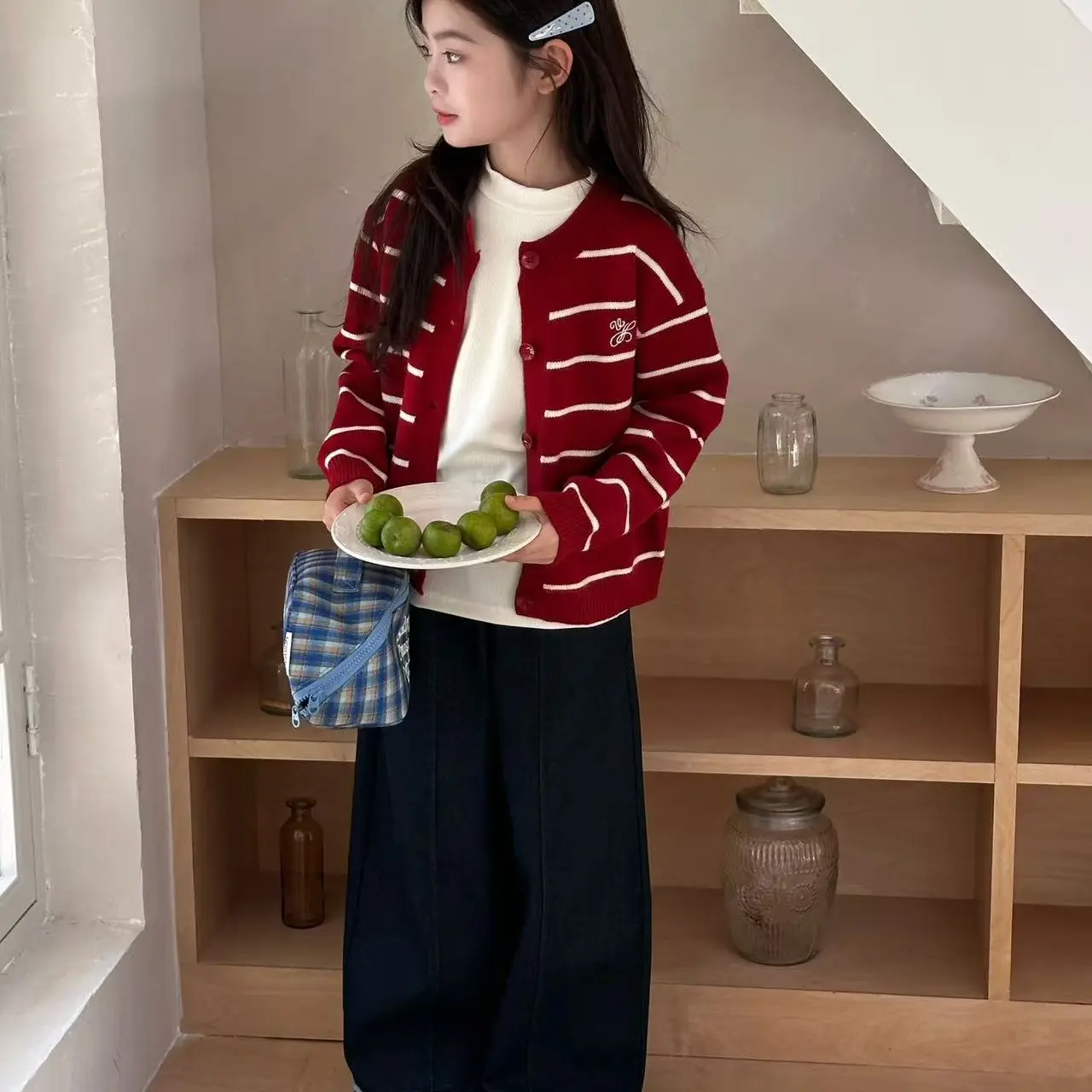 【粉红童话】秋冬女套装连帽秋季韩版休闲百搭条纹毛衣裤子三件套