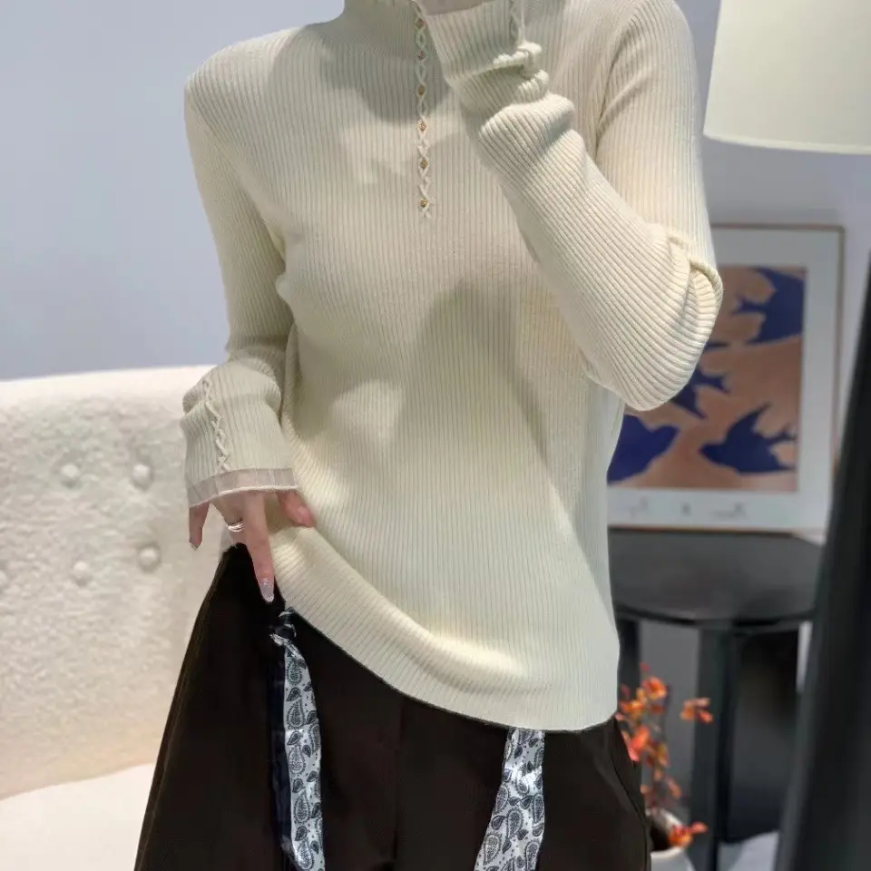 半高领长袖修身打底衫女秋冬新款蕾丝花边亮丝针织衫洋气百搭