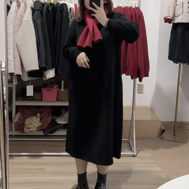 [大妍妍]大码秋冬新款宽松正肩加绒休闲连衣裙