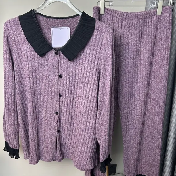 秋冬娃娃领条纹磨毛睡衣大码女宽松显瘦可外穿长袖休闲家居服套装