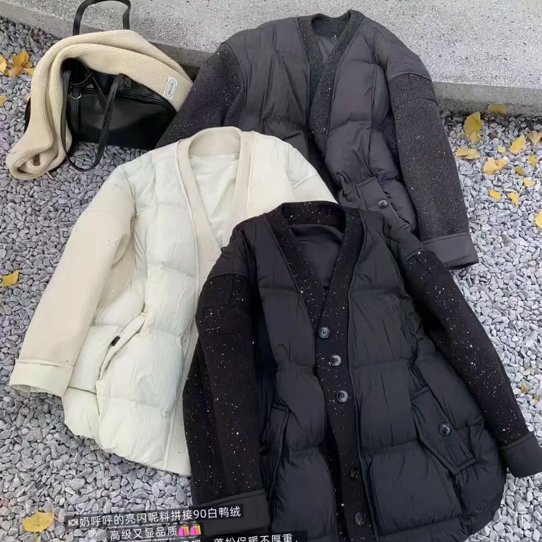 冬季韩版宽松V领加厚保暖显瘦百搭毛呢拼接白鸭绒女士