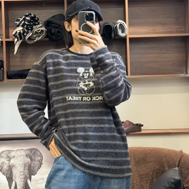 遇见女装韩版慵懒感条纹长袖T恤秋冬休闲百搭绒感加厚米老鼠