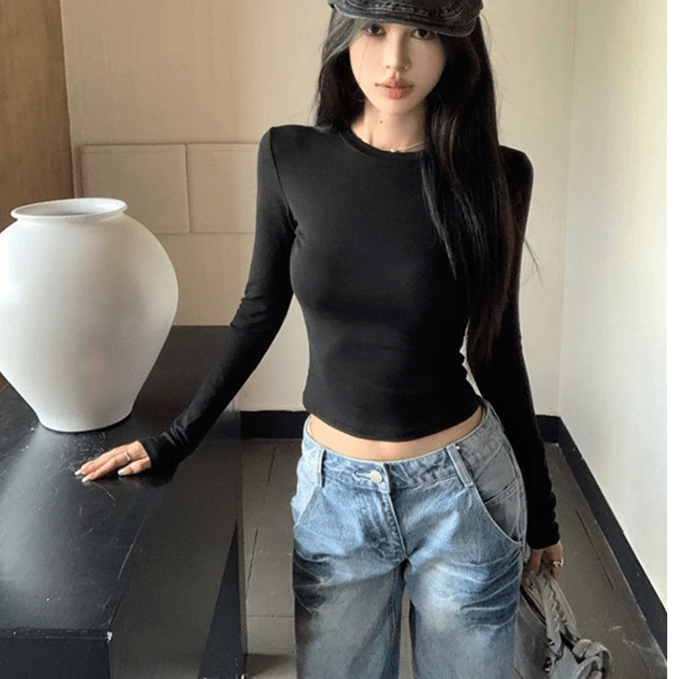 （送运费补贴！新疆造）黑色长袖圆领打底T恤女紧身显瘦内搭纯色上衣