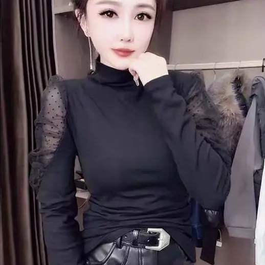 衣凡5363秋冬镂空丝绒拼接蕾丝长袖显瘦小衫