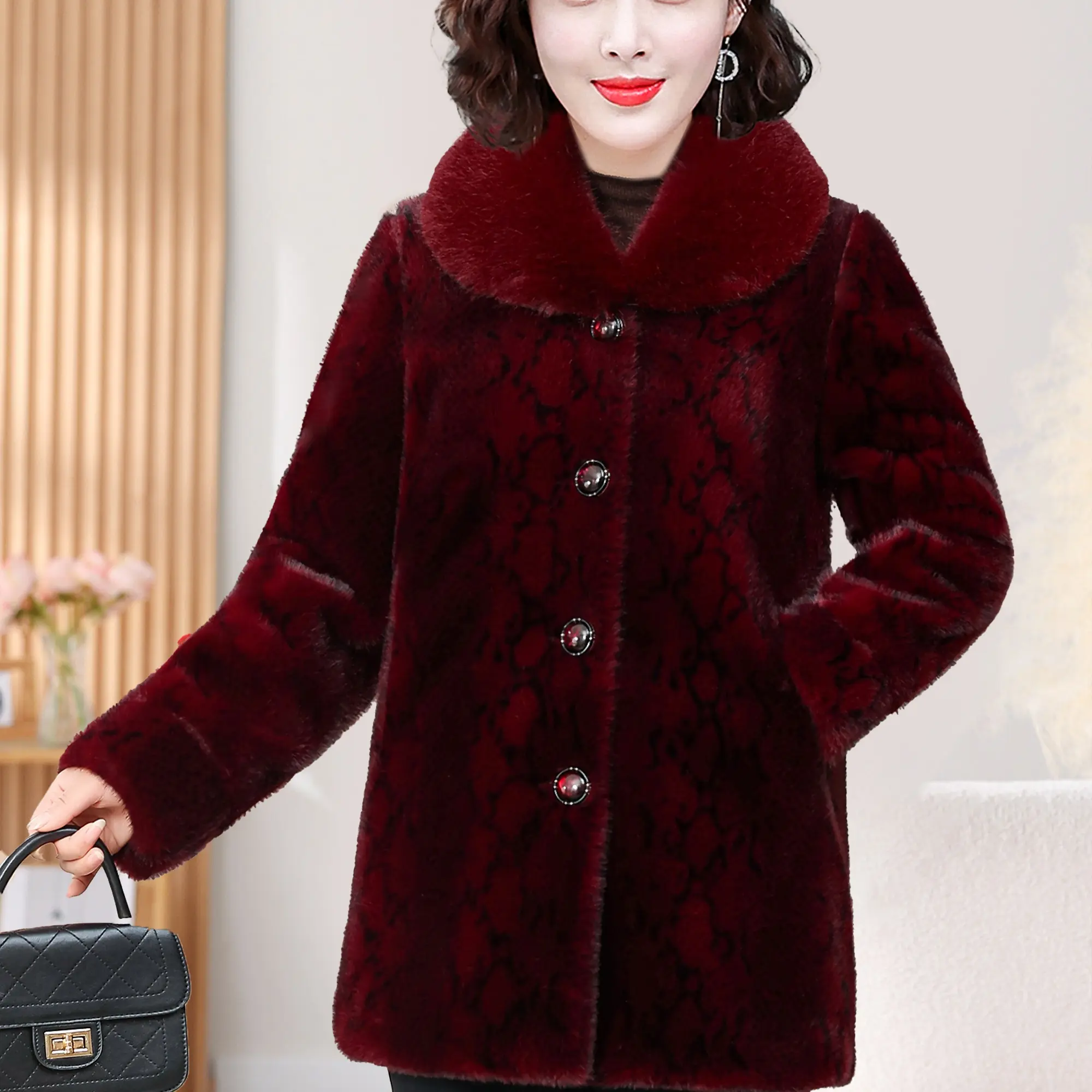 中老年妈妈冬季加绒加厚洋气保暖外套棉衣新款毛毛领暗纹