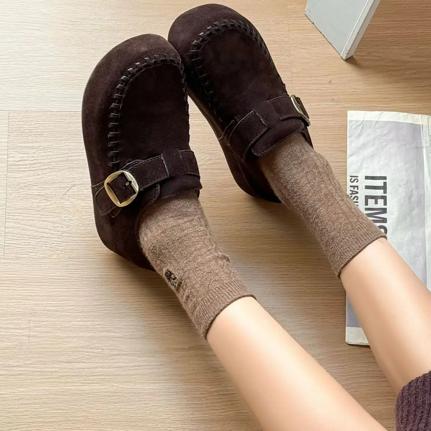 加绒勃肯鞋女真皮编织风厚底包头羊羔毛休闲一脚蹬乐福鞋秋冬百搭