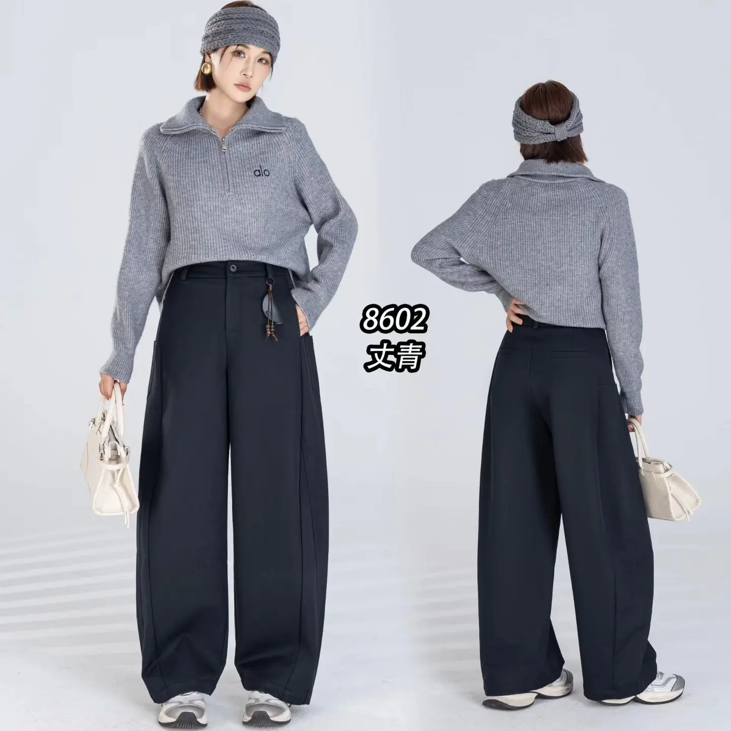 8602秋冬新款加厚高腰显瘦直筒阔腿弯刀裤休闲女裤